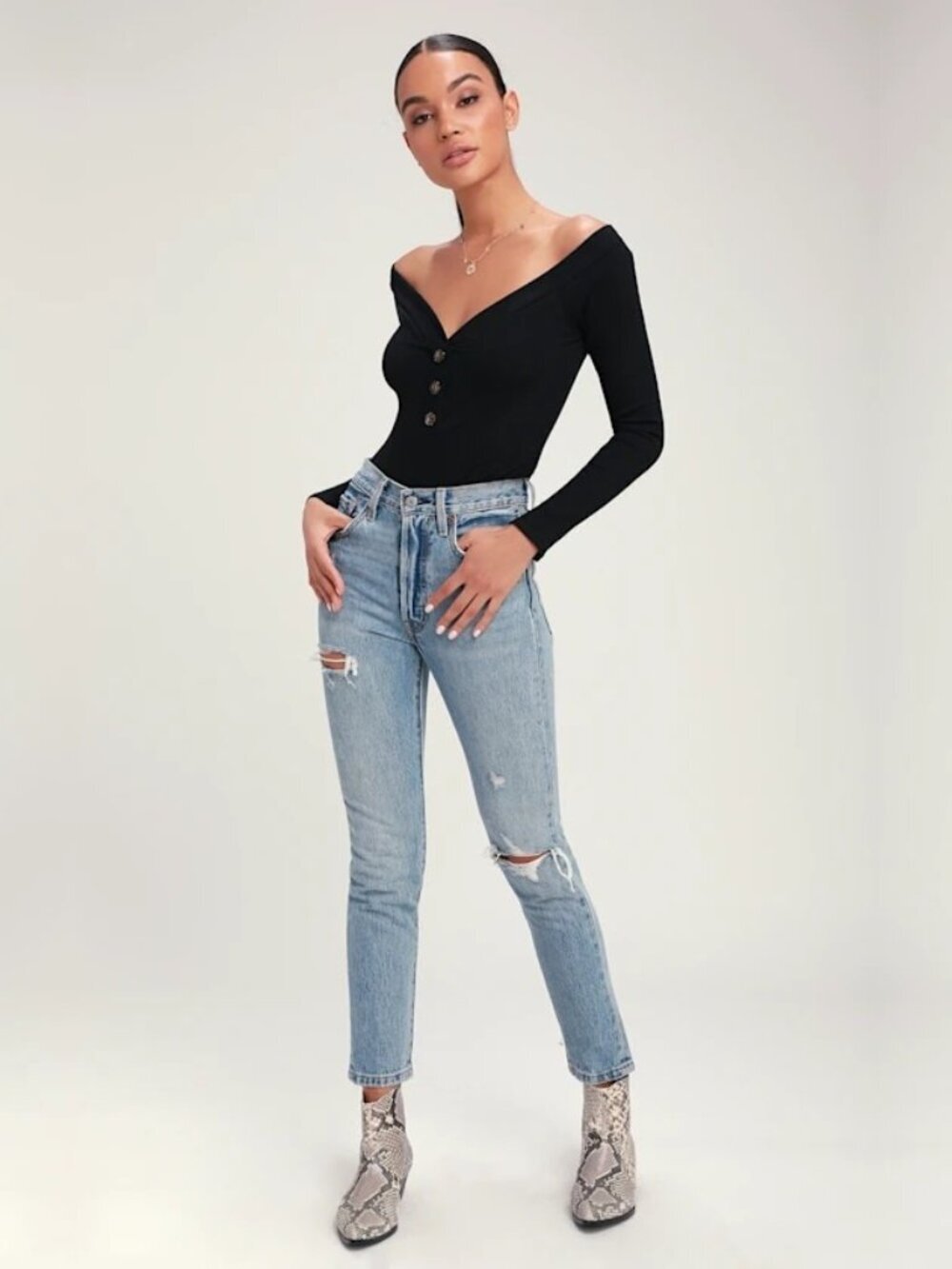 2/$30 Lulus Lilyth Black Ribbed Long Sleeve Off-the-Shoulder Bodysuit #A2612